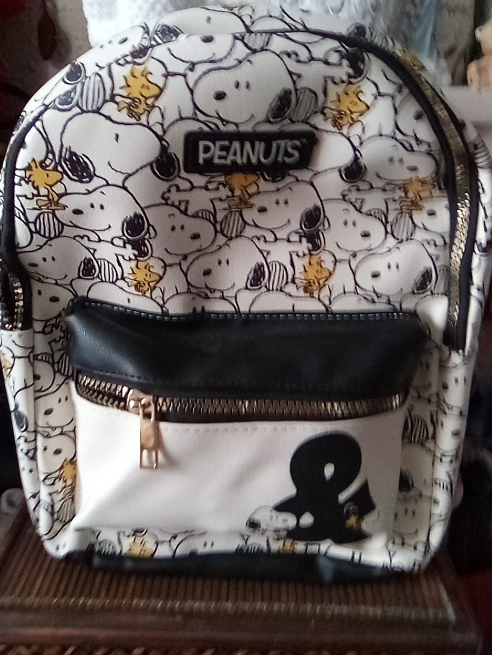 Peanuts White & Black Snoopy Pattern Mini Backpack with Gold Accents